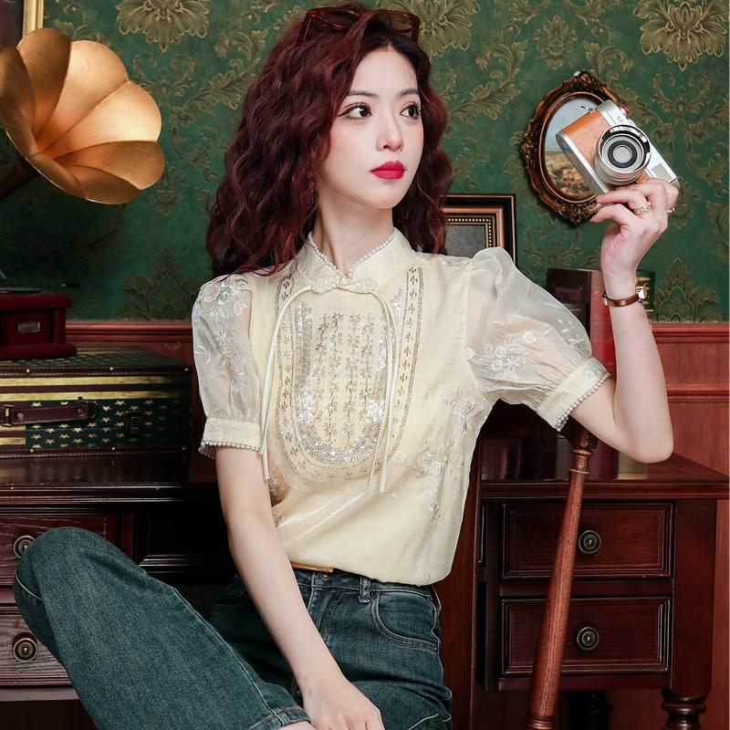 Nová móda Čínský styl Letní Krátký rukáv Stojáček Korálkování Výšivka Šifonová halenka Košile Dámské topy J375