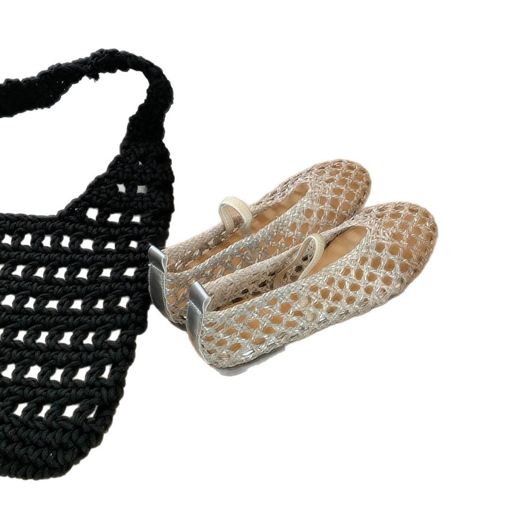 Grape mother with the same round head woven hollow breathable elastic versatile one-word belt Mary Jane shoes shallow mouth flat-soled single shoes