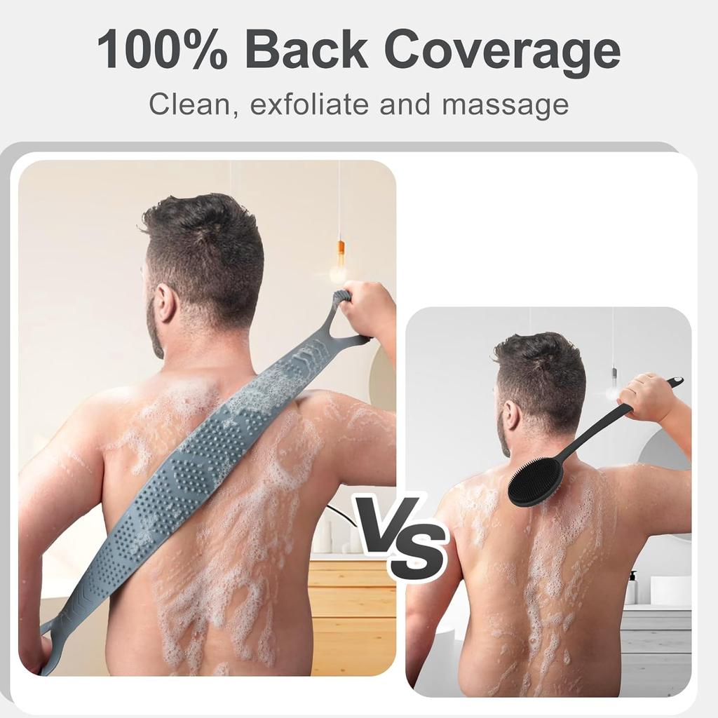 Silicone Back Scrubber for Shower Men, Dual-Sided Back Exfoliator Washer Scrub Strap - 100% Back Coverage to Clean, Exfoliate and Massage, Hygienic,