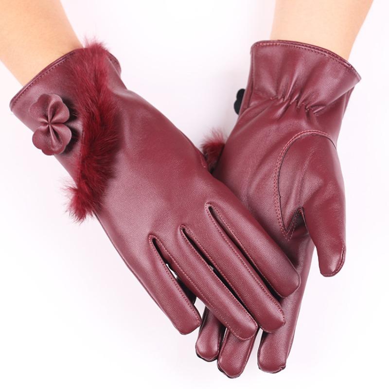 Autumn and Winter Warm Gloves Women's Bow Imitation Leather Touch Screen Gloves Fleece Cold-proof Rabbit Fur Mouth Leather Gloves