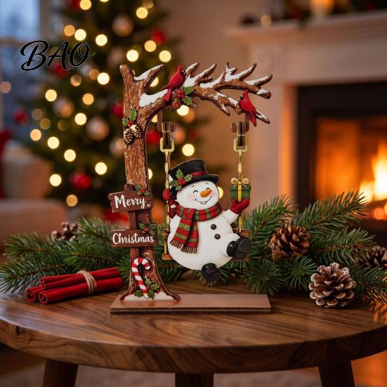 Holiday Desktop Decorations Christmas Wooden Ornaments, Santa Snowman Figurine with Moving Swinging Puppet Xmas Gifts Swing, Rustic Tabletop