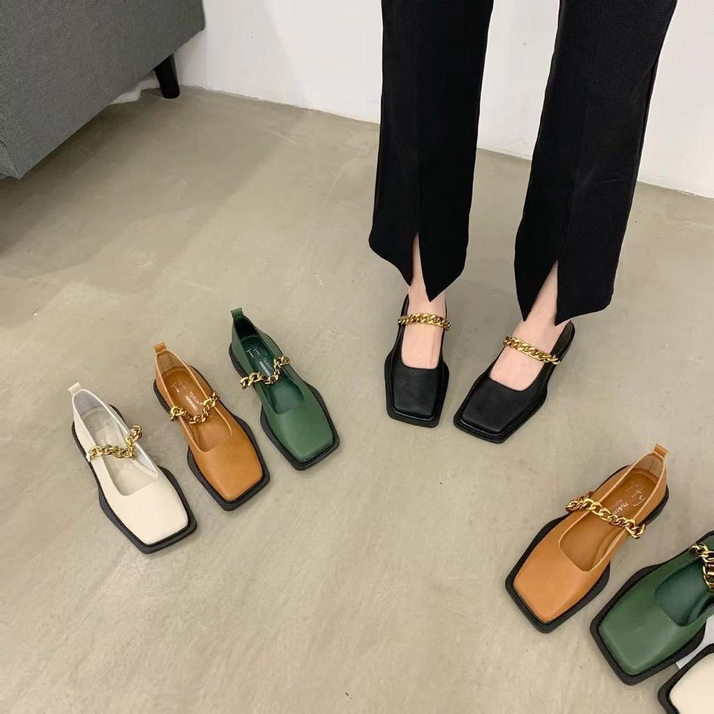 New Mary Jane small leather shoes metal chain British style soft sole square head 2026 temperament versatile retro