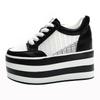Fashion 12cm Air Mesh Chunky Sneakers Wedge Platform Lace Breathable Hollow Shoes Vulcanized Summer Genuine Leather Hidden Heels
