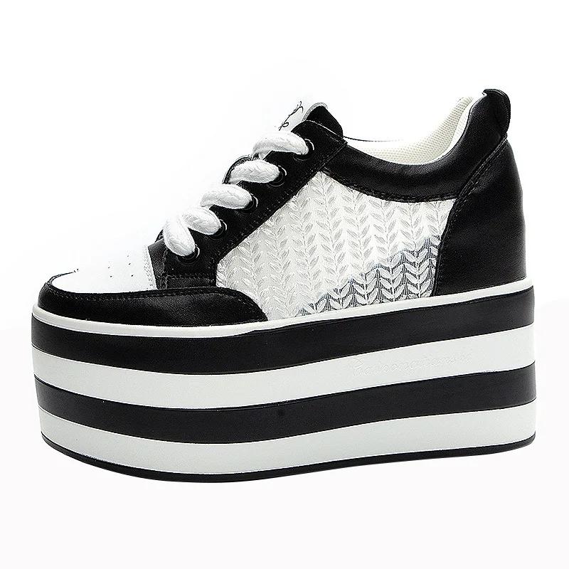 Fashion 12cm Air Mesh Chunky Sneakers Wedge Platform Lace Breathable Hollow Shoes Vulcanized Summer Genuine Leather Hidden Heels