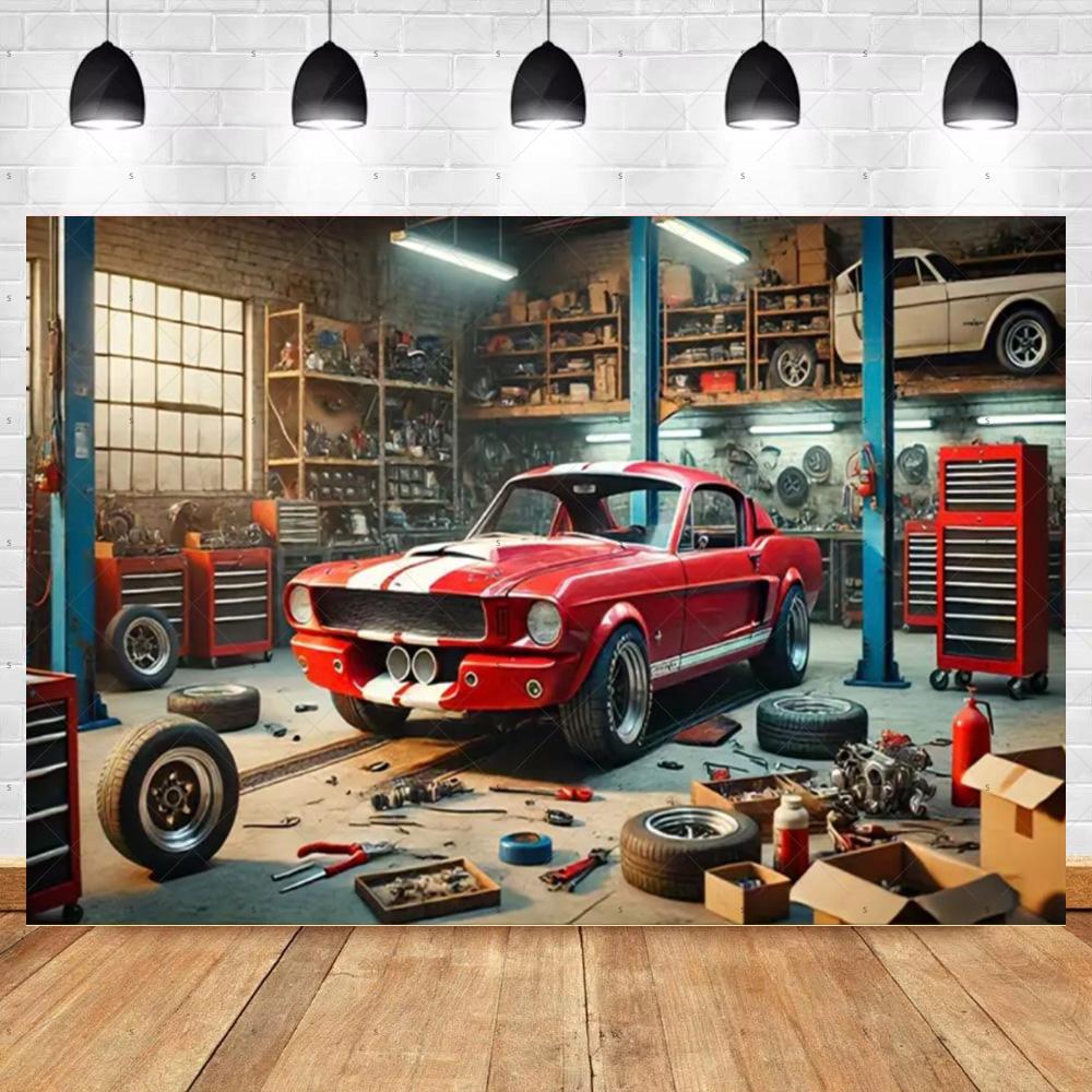 Bannière de Fond de Voiture Chaude Vintage Décoration de Fête Toile de Fond de Garage Classique Fournitures Style Industriel Pneu Outil Accessoire de Photographie