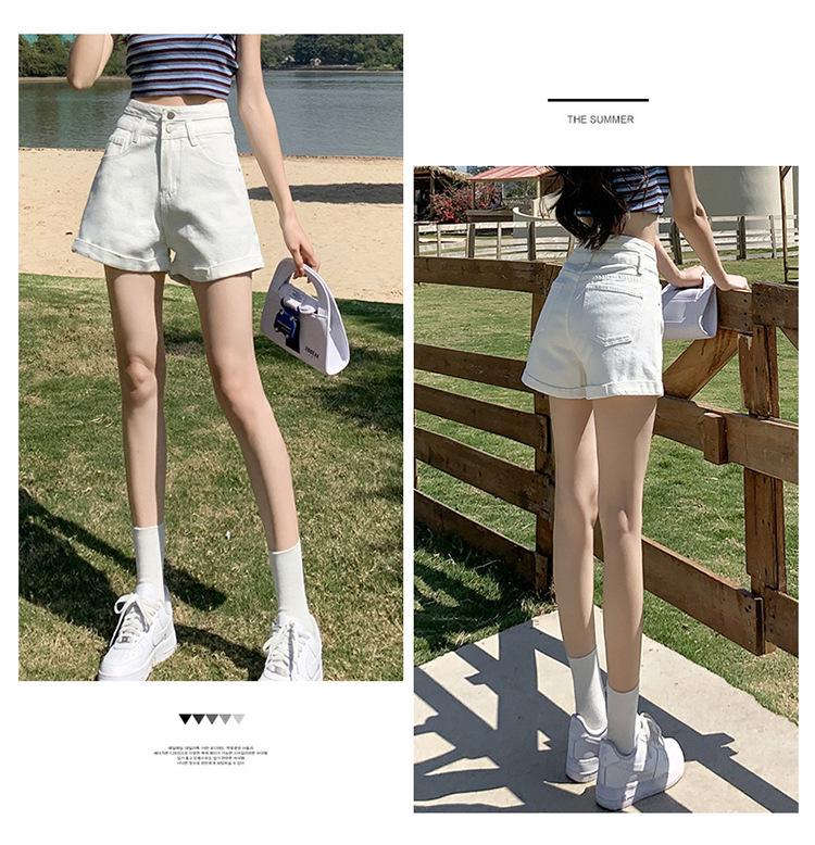 Women's High-Waist Denim Shorts - Rolled Hem, Double Button, A-line, Summer Wide Leg
