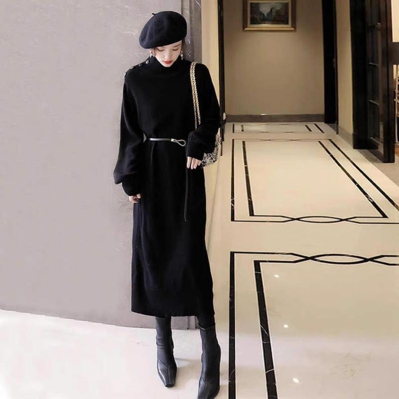 

Высококачественное вязаное платье осень-зима новое полуводолазка свободный пояс однотонное базовое платье-свитер женское One Size чёрный