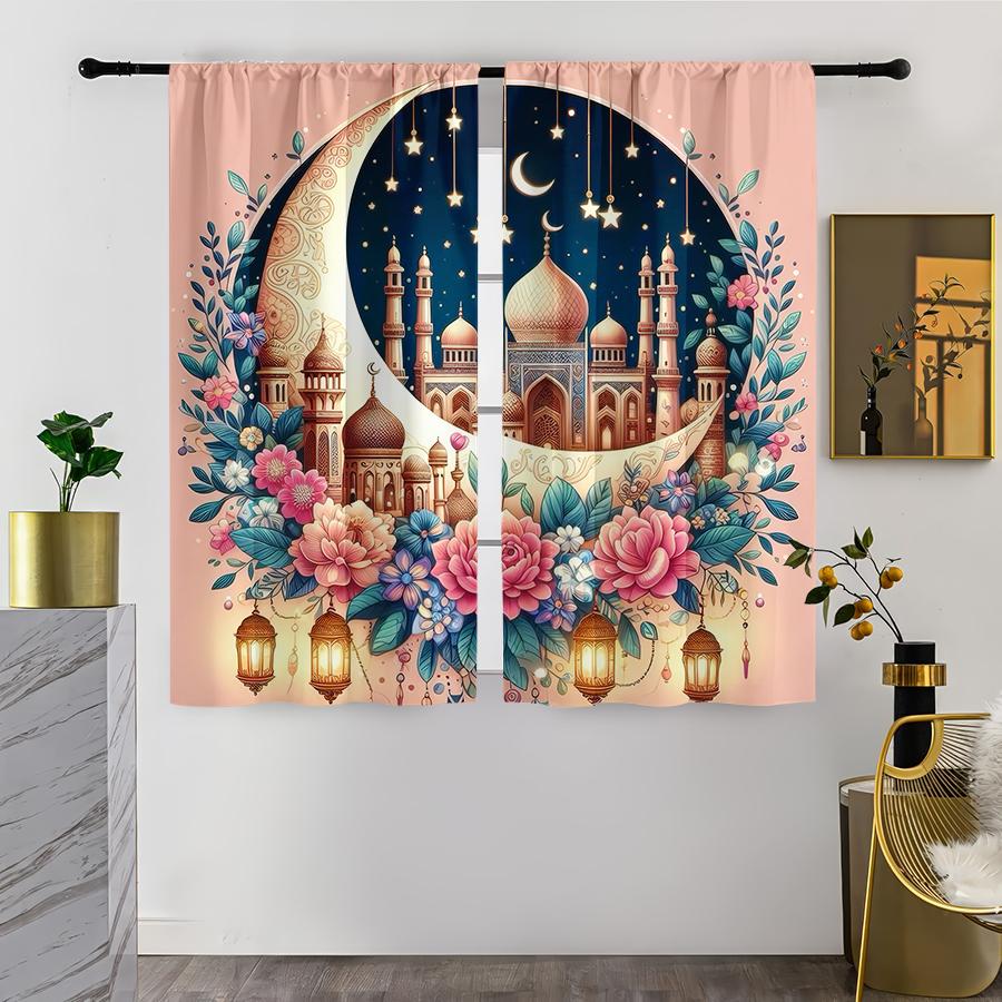 

Pink Floral Islamic Theme Curtains Romantic Sweet Style Bedroom Living Room Drawbar Pocket Decorative Curtain Set Of 2 Made Polyester Washable Great W100*H70(CM)-Grommet top&2PCS