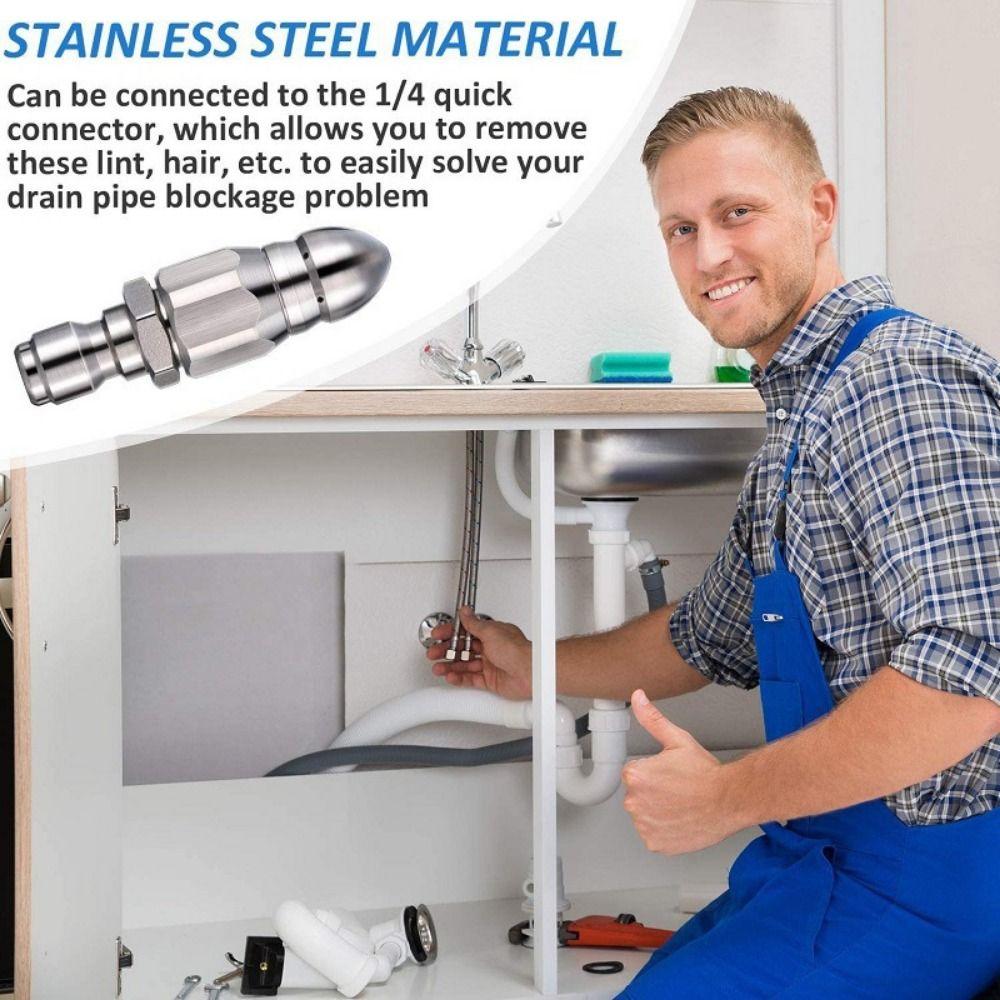 Stainless Steel + Brass Pressure Washer Jetter Nozzle 1 Forward Jet + 6 Rear Jets 1/4'' Quick Connect Sewer Jetter Nozzle