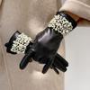 Winter Fashion Little Chiffon Rivet Pearl Protein Leather Gloves Five-Finger Full Touchscreen PU Leather Gloves