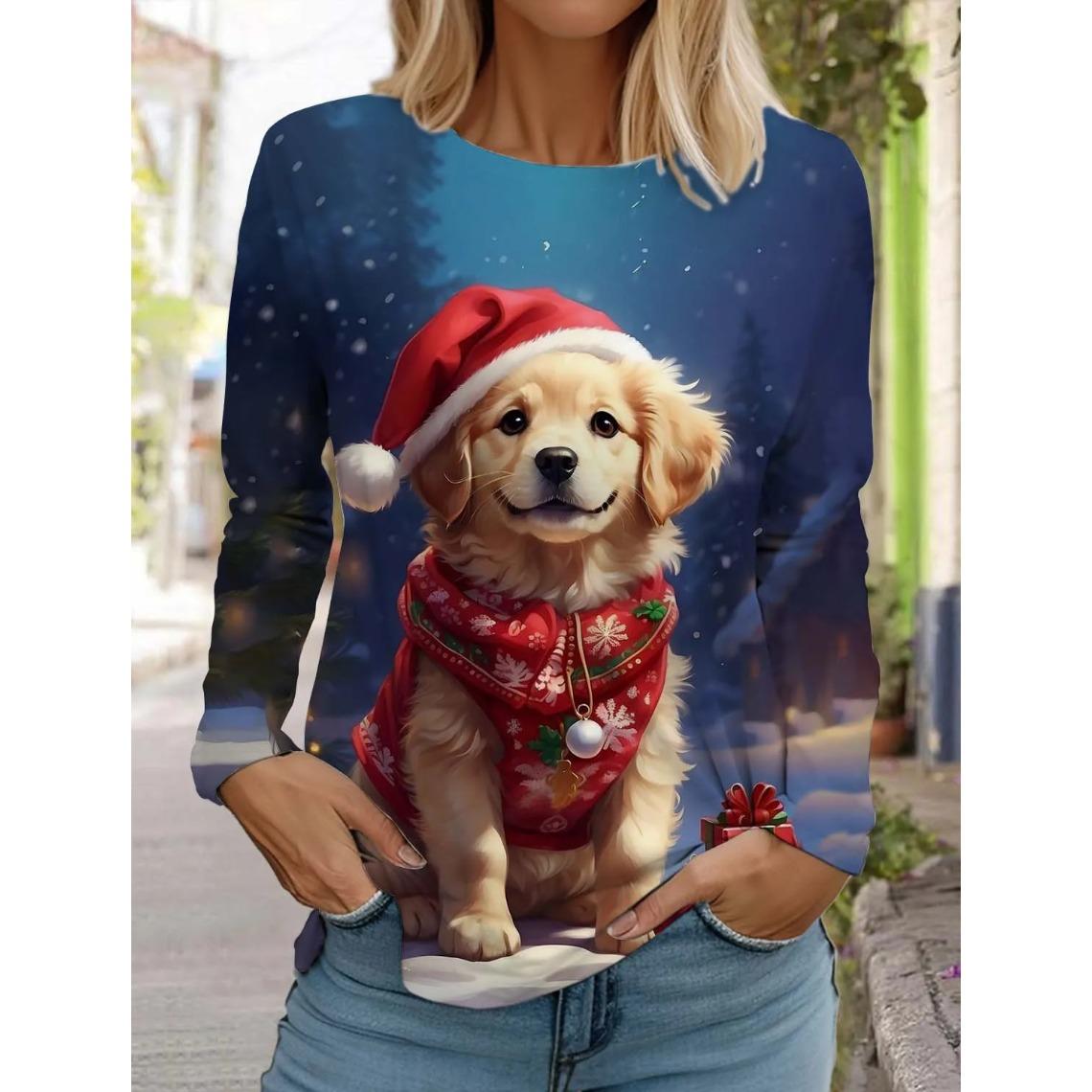 

Autumn and Winter Round Neck 3D Christmas Cute Dog Printed Top Fashionable Casual Long Sleeved Women s T-shirts 4XL
