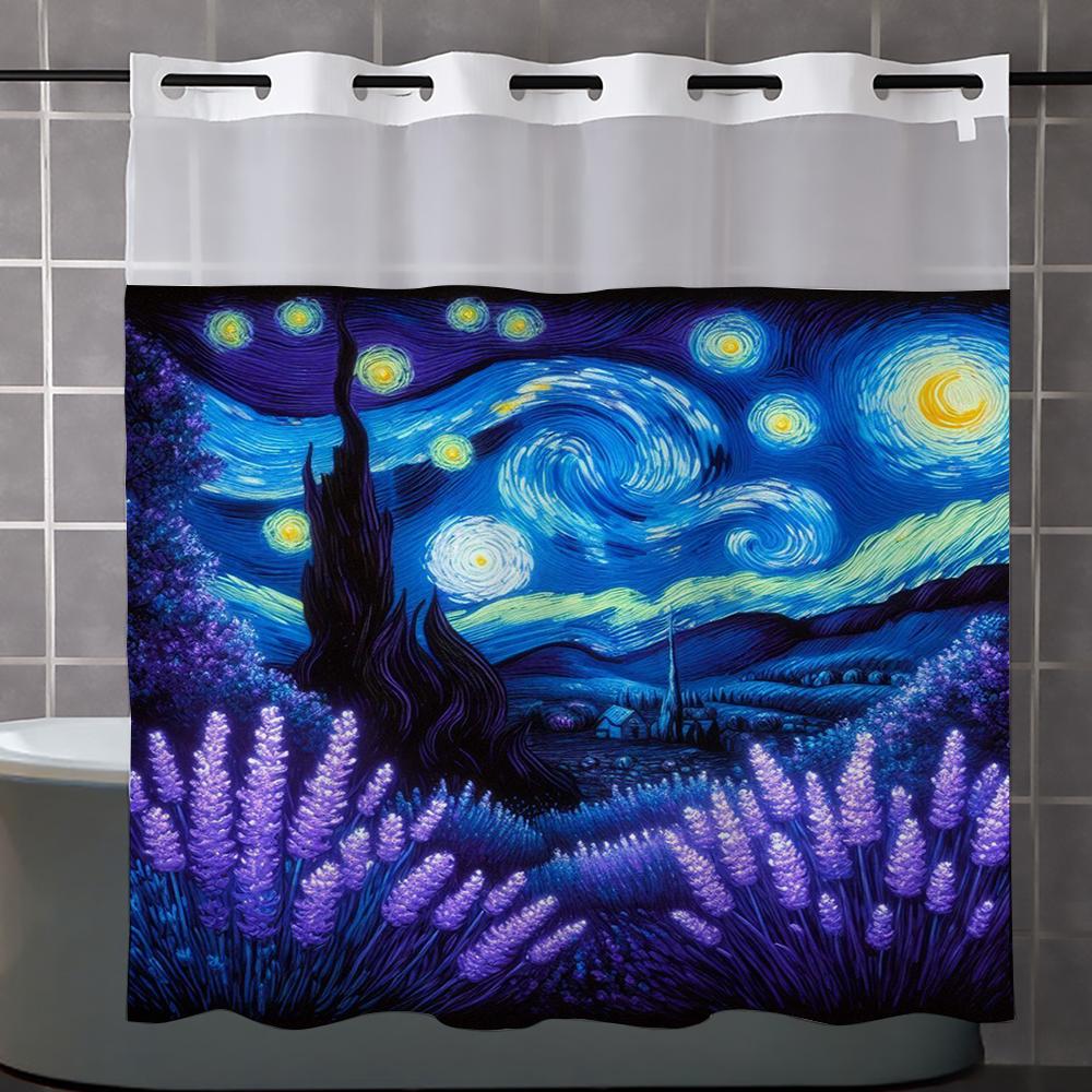 No Hook Sky Colored Drawing Shower Curtain With Snap-in Fabric Liner Sheer Top Window, Double Layer Bathtub Curtain