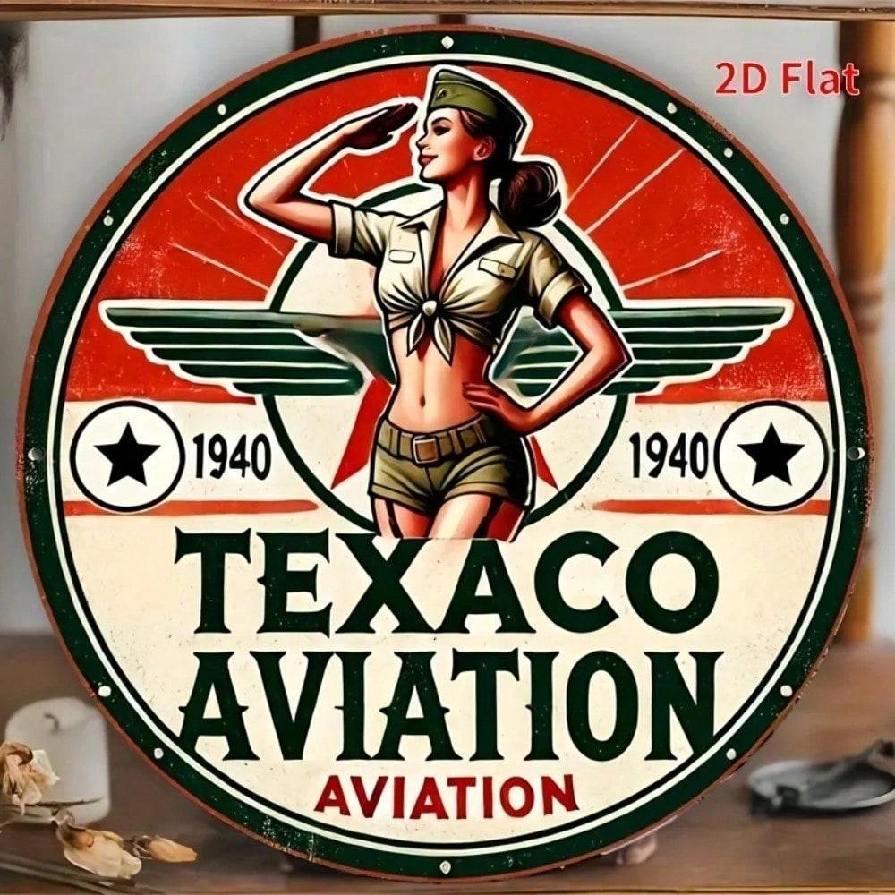 

Vintage Round Metal Tin Sign 8 Inch Texaco Aviation Wall Decor for Garage Man Cave Retro Iron Art