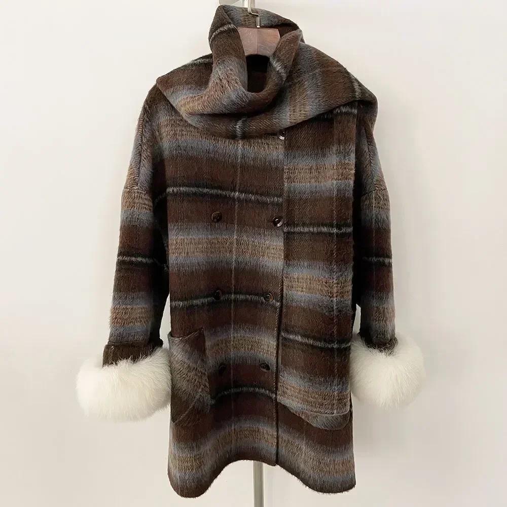 OFTBUY New Winter Women Coat Real Natural Fox Fur Cuff Turn-down Double-faced Woolen Blends Jacket Thick Warm Casual Overwear