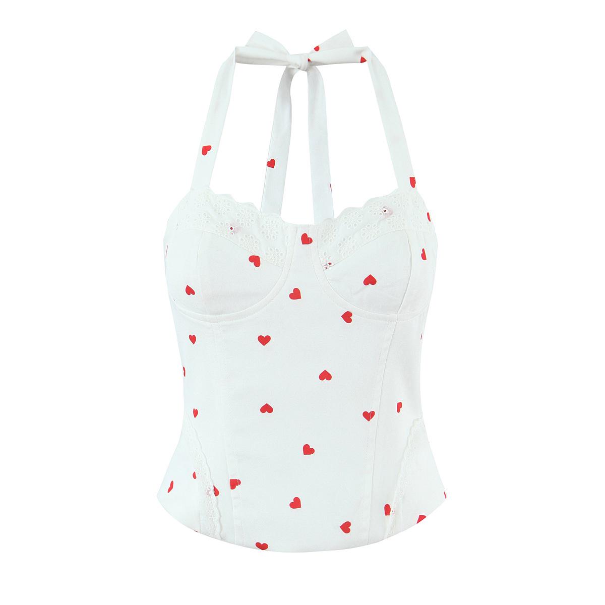 Heart Print Plaid Ruffle Spaghetti Strap Vest for Women, Summer Bow Knot Base Layer Top Medium