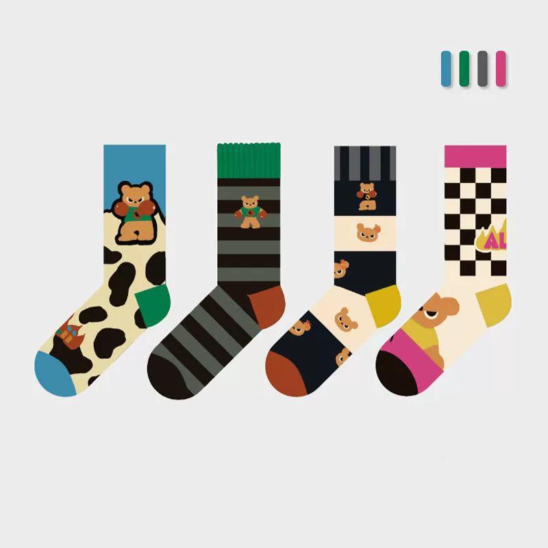 

4 Pairs Grumpy Bear Series Cartoon Cute Trendy Socks Fall/Winter Mid-Calf Socks for Women Black & White Checkerboard Socks