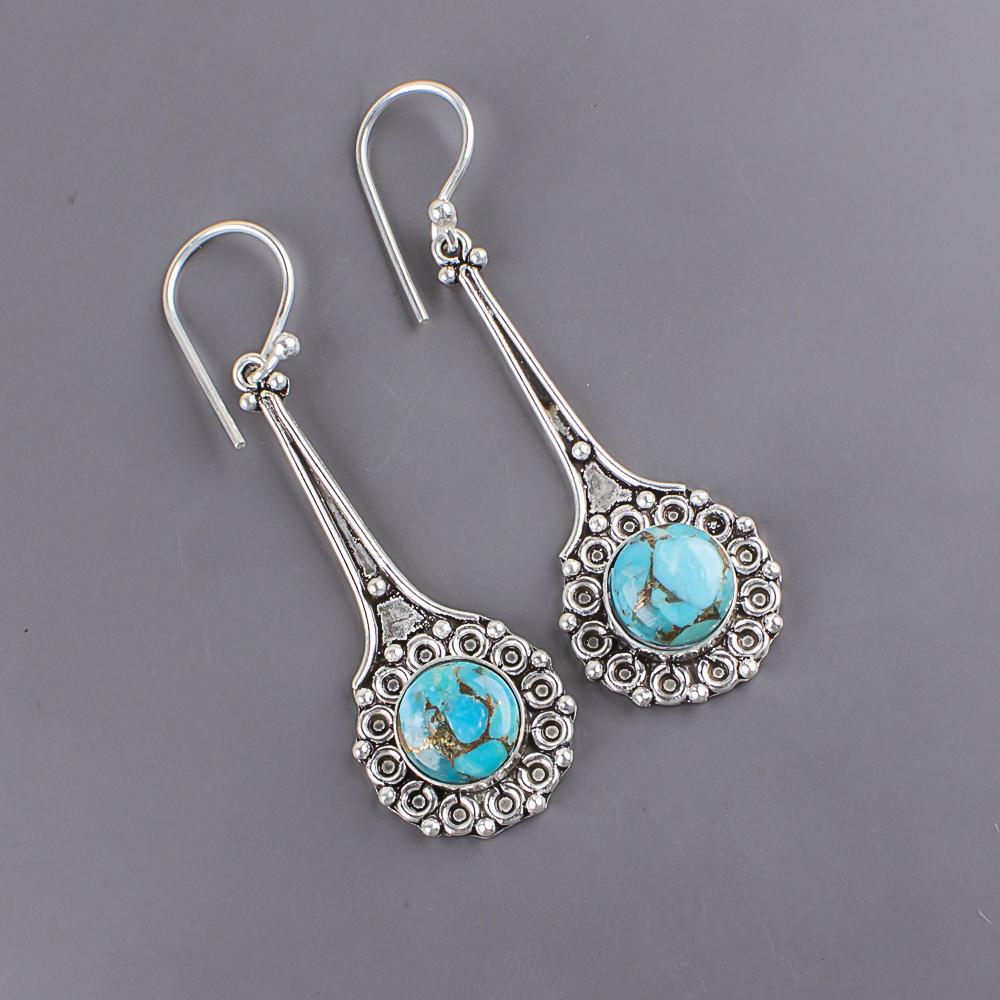 Blå kobber turkis håndlagde edelsten øredobber, 925 solid sterling sølv øredobber Antikke smykker, for forlovelsesgave