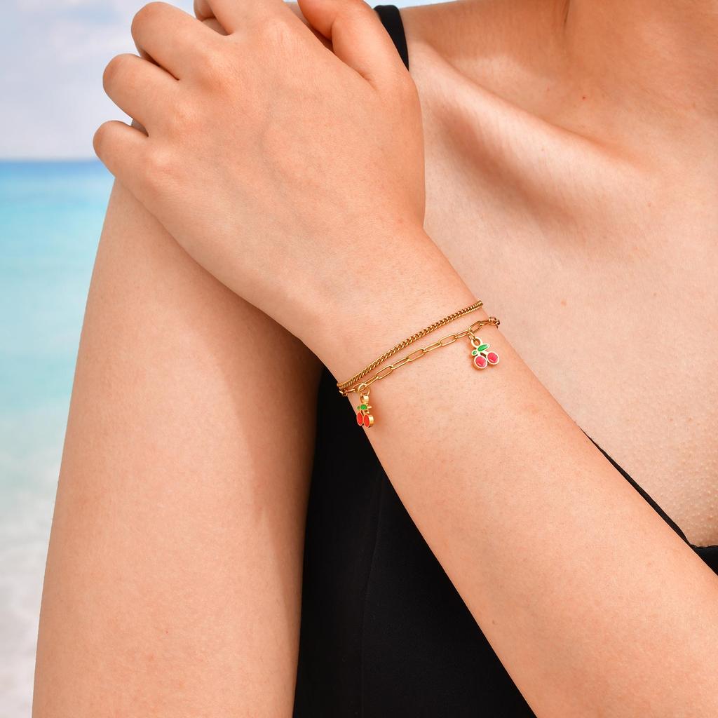 Dainty Double-layer Strawberry Cherry Accessories Bracelet,Women's Stainless Steel Gold Plated Bracelets,Cute Jewelry Gift