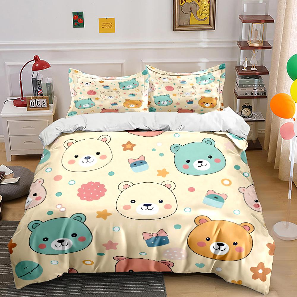 Cute bear cartoon pattern Bedding Set for Kids Luxury Gift 3pcs Digital Print Comforter Set Soft Comfortable Breathable