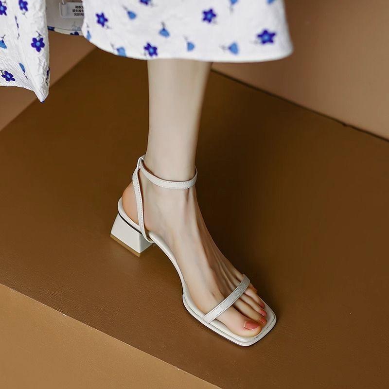 Summer Classic Daily Versatile Square Head Open Toe Middle Heel One Word With High Heel Sandals Women'S Summer Thick Heel