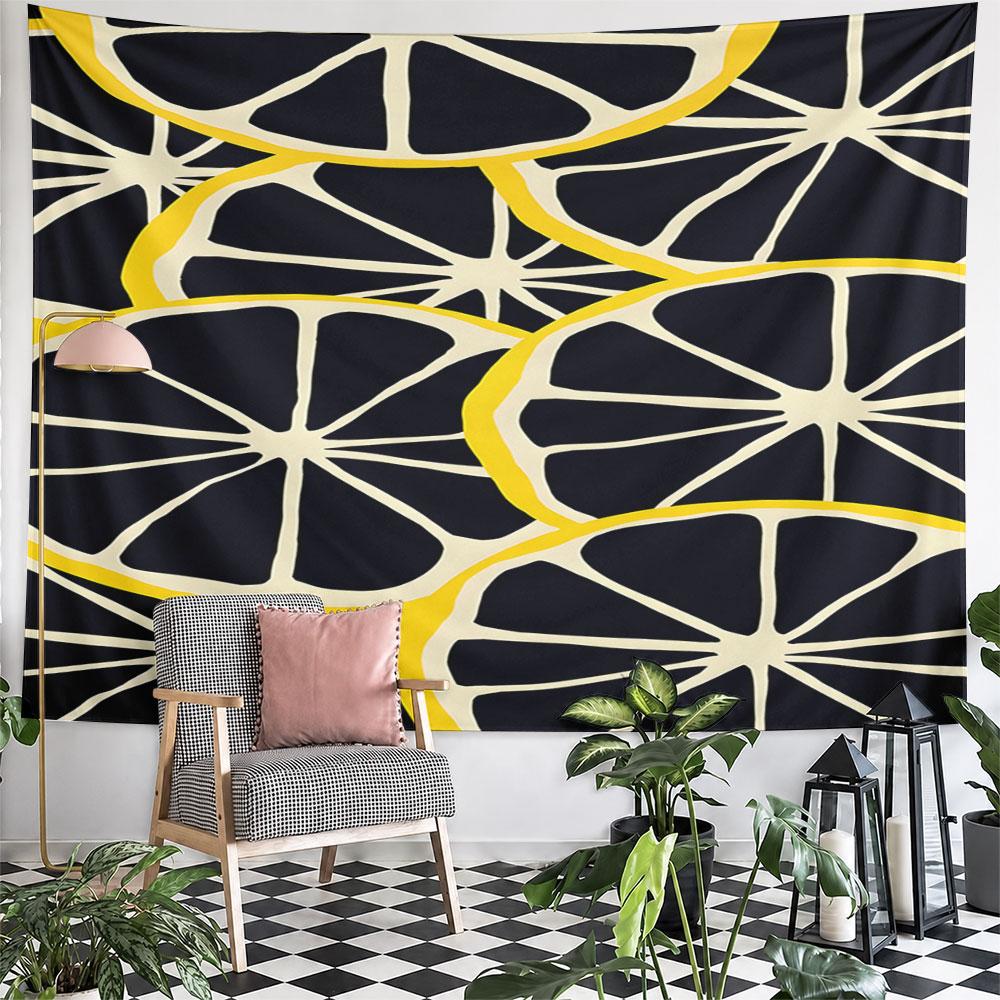 Lemon Slices Pattern on Black Background Pattern Wall Hanging Tapestry Decorative Tapestry Home Decor for Bedroom and Living Room