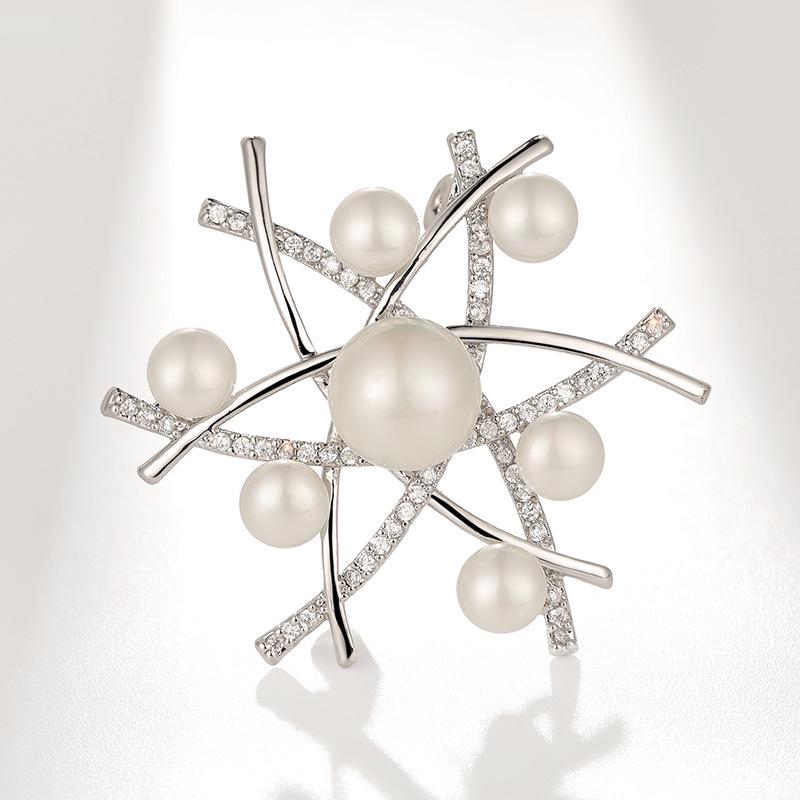 Zircon Snowflake Pearl Brooch - Elegant Fireworks Pin Fashion Accessory