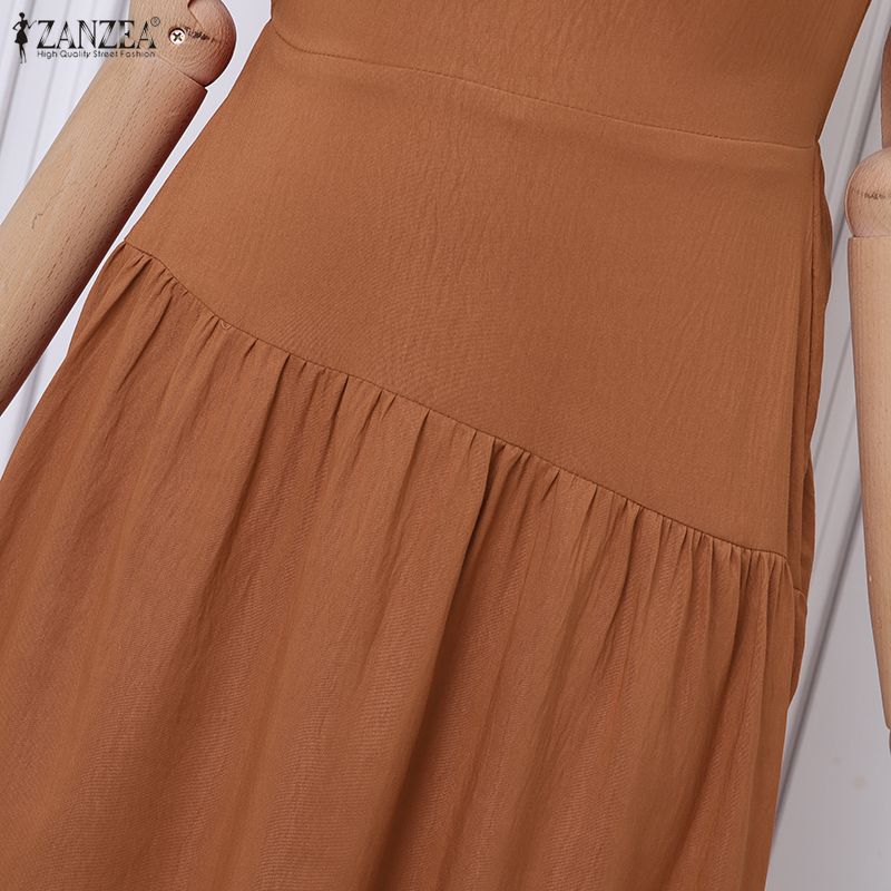 ZANZEA Women Elegant Casual Round Neck Solid Color Sleeveless Dress