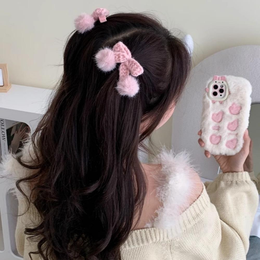 Cute pink bow hairpin side bangs clip duck bill clip sweet knitted hairball autumn and winter hair accessories
