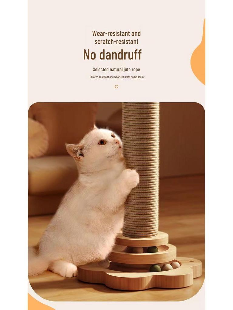 Vertical Wear-Resistant Sisal Rope Cat Scratching Post with Turntable and Teaser Toys