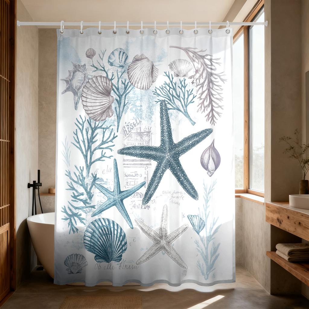 1Pc Cartoon Starfish Printed Waterproof Shower Curtain Partition Privacy Hanging Curtain With 12 Hooks In Various Sizes