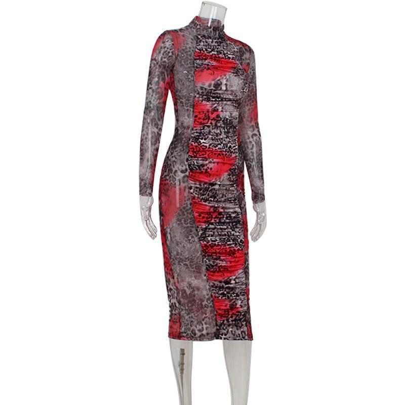 Women's Fashion Print Pleated Sexy Mesh See-through Long Sleeve Slim Dress