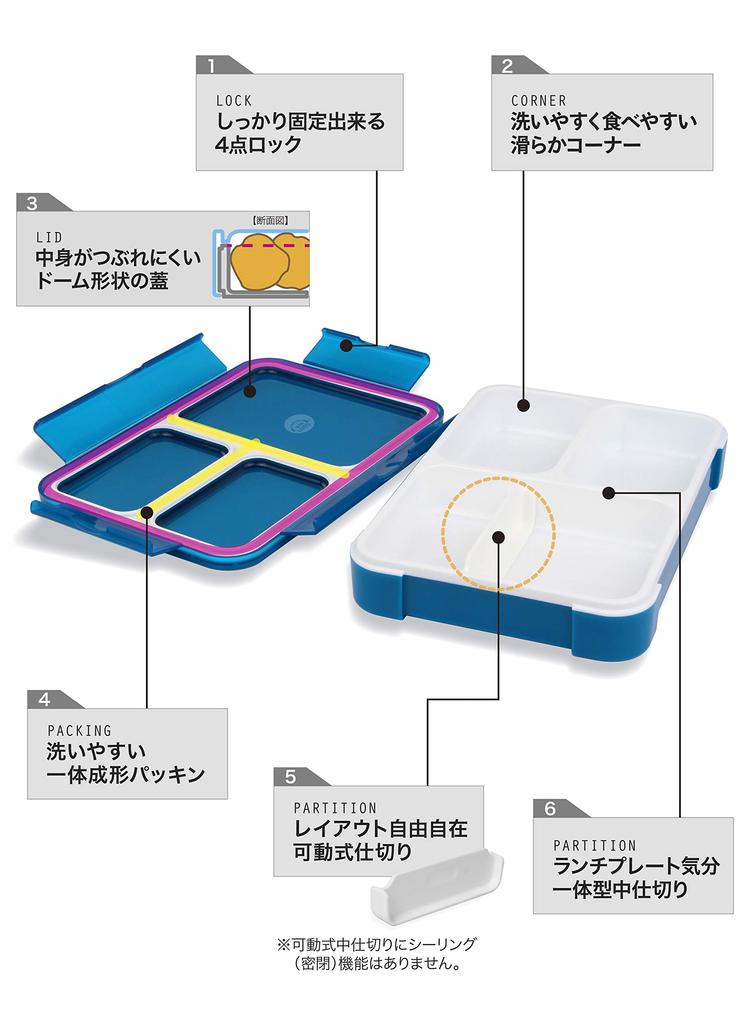Foodman Bento Clear Double Secure with CB DSK Box, Slim, Portable, Stand-Up, 600ml, Blue, Leak-Resistant, Sealing, 4-Point Lock, Japan,
