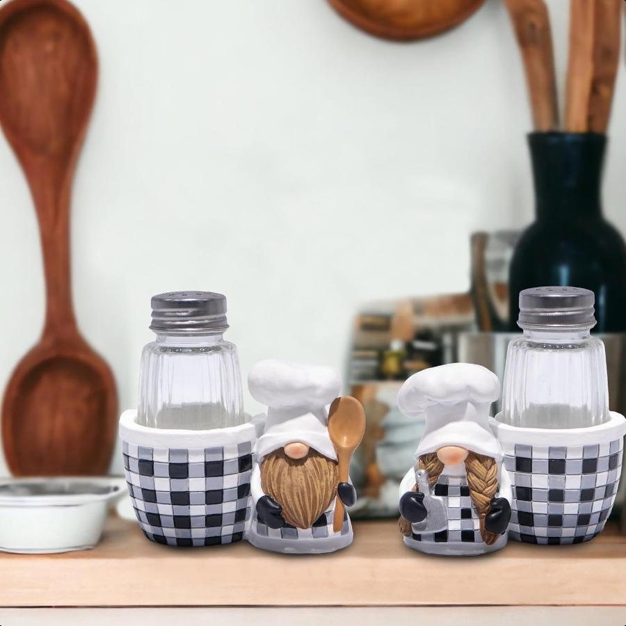 

Набор солонок и перечниц Hodao Chef Gnome Креативная ручная работа из смолы Подставка для специй Клетчатый деревенский дизайн в черно-белую клетку Шеф-поварT United States