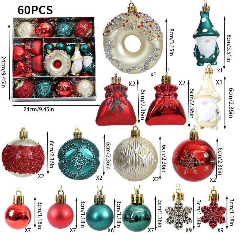 64pcs Christmas Ornament Set - Painted Ball Decorations Tree With Star Heart Bow Design