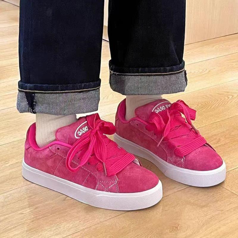 Women Rose Red Trendy Sneakers Pure Color Lace-up Thick-soled Casual Shoes Round Toe Women Board Shoes Non-slip Women Shoes