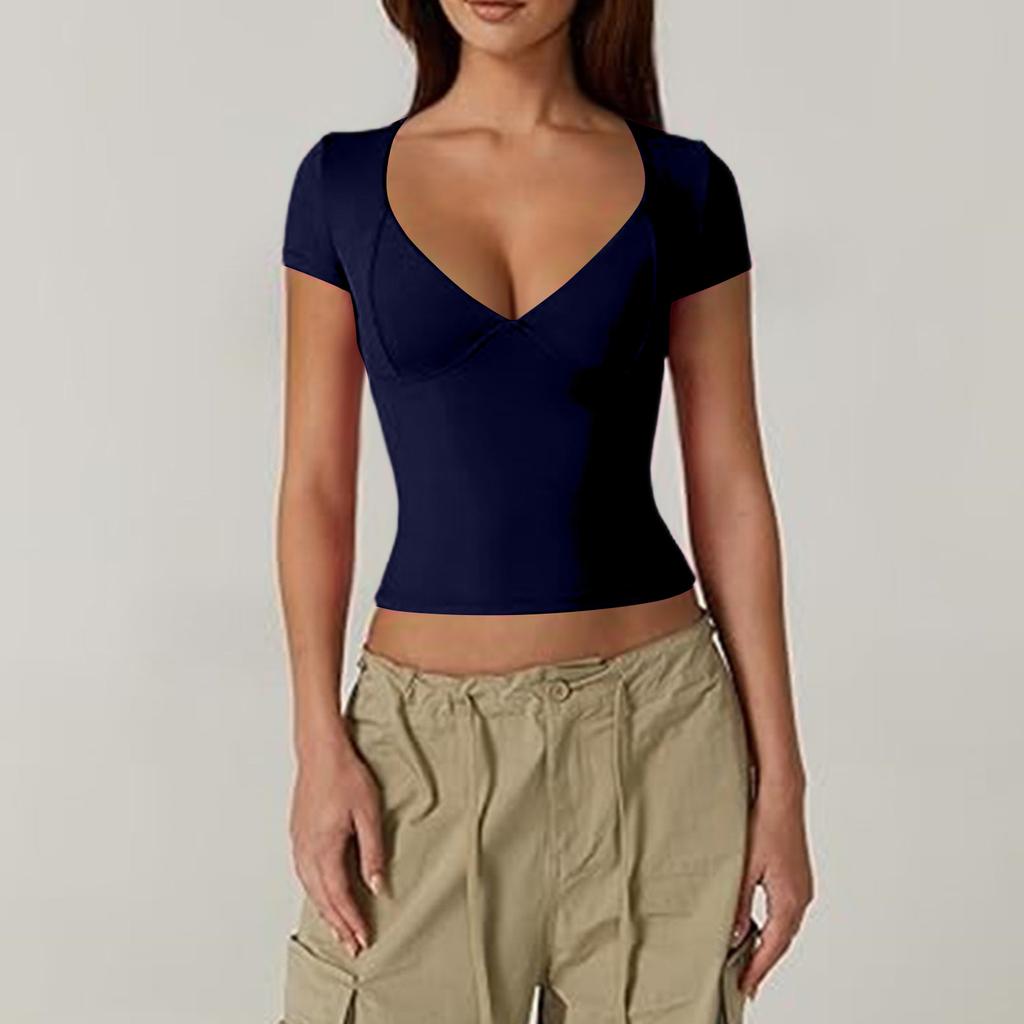 Women's Top Slim Fitting T-Shirt V-Neck Top With Bottom Short Sleeved Sexy Solor Top T-shirt