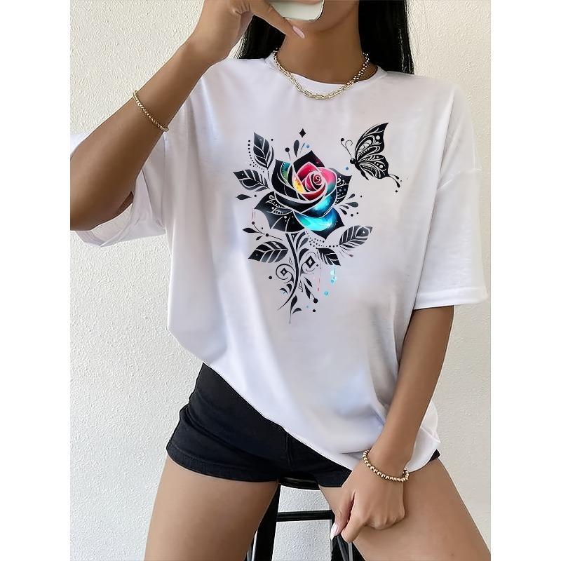 

European sizes Women S Casual Round Neck Short Sleeve T-Shirt with Romantic Floral and Butterfly Print, Polyester Knit Fabric, All Seasons 4XL