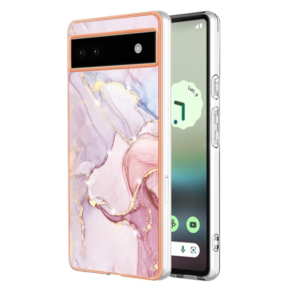 

For Google Pixel 6a TPU Case with IMD Marble Pattern Electroplated Back Cover Rose Gold 005