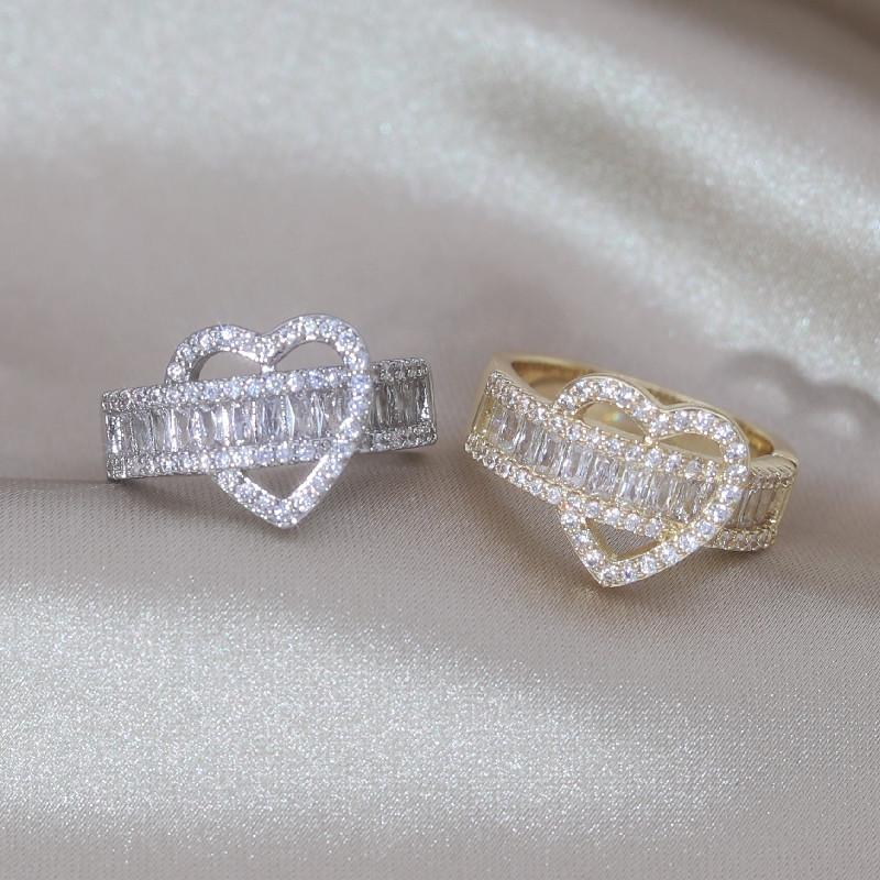 14K Gold Plating Luxury Love Zircon Ring Korea New Design Fashion Zircon Elegant Women's Party Opening Adjustable Accessories