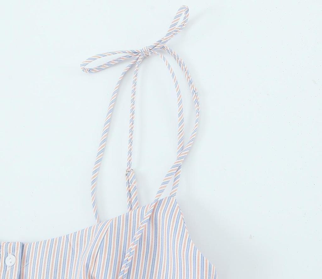 2025 Spring Blue Striped Sling Dress - Women's European & American Style
