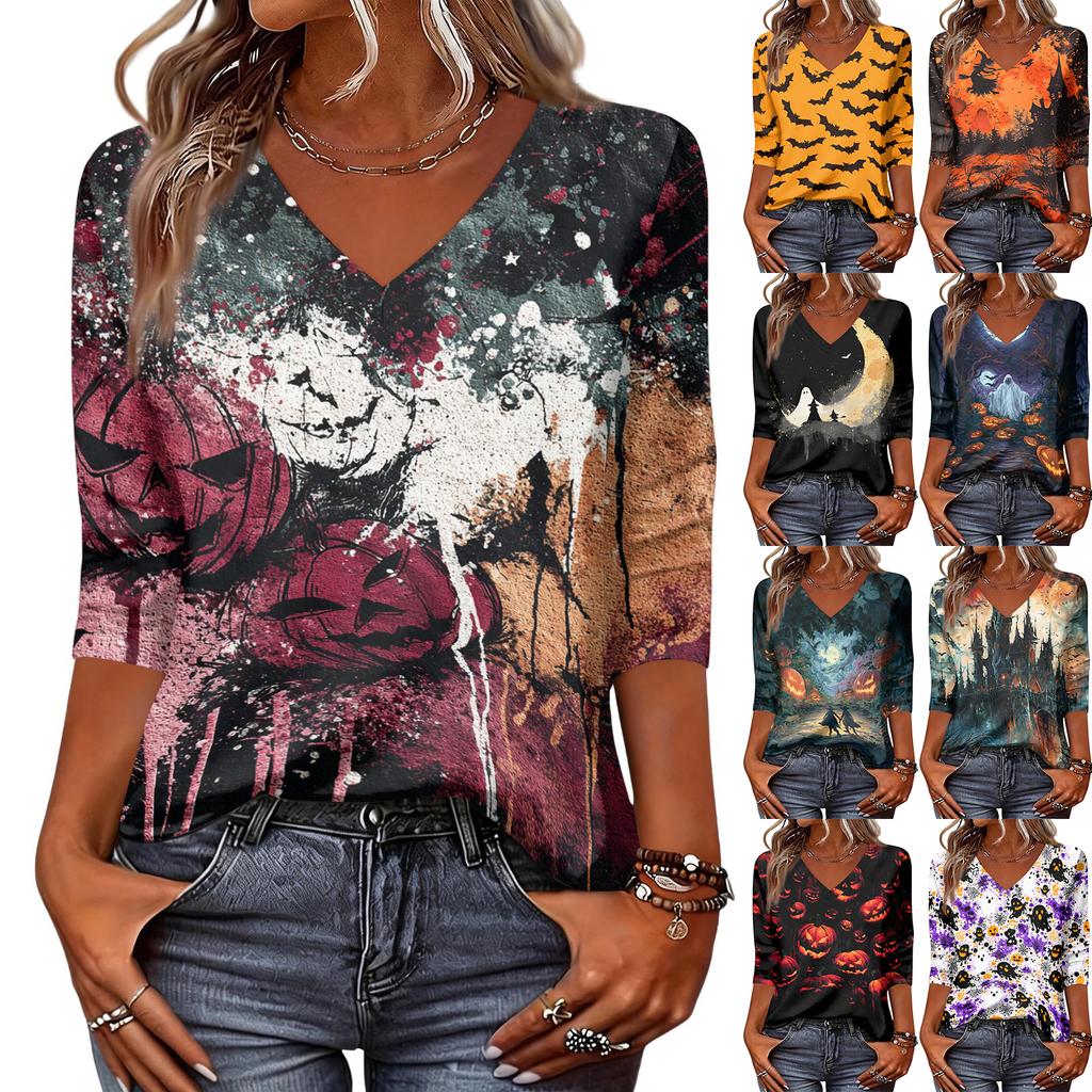 Women's Casual Halloween Print V Neck Top 3/4 Sleeve Lightweight Blouse for Fall Seasonal Wear Comfortable Fit