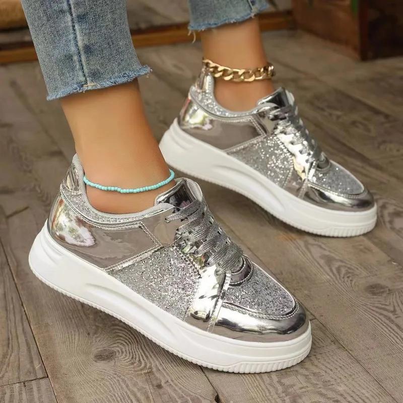 high-end Sequins Silver Leather Sneakers Flat Non-slip Casual Shoes Women 2026 Ladies Sports Comfortable Walking Shoes Outdoors