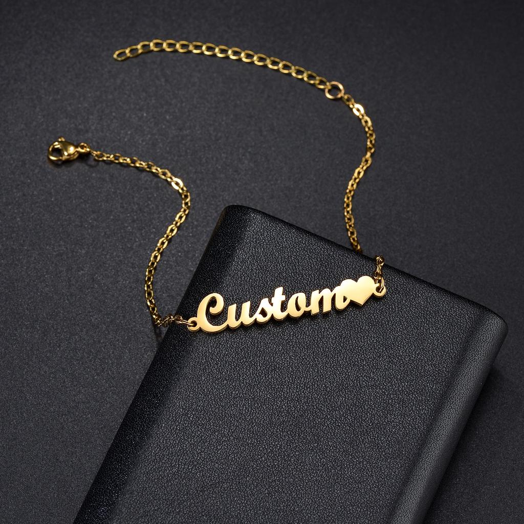 Atoztide Customized Name Crown Heart Bracelet Personalized Thick Chain for Women Stainless Steel Gold Color Bangle Jewelry