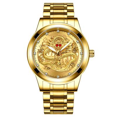 Goldene Analoge Drachen Retro Chinesisches Drachendesign mit Edelstahl und Stilvollem Goldenen Accessoire Perfektes Geschenk für oder Weihnachten Herren-Uhrenarmband,