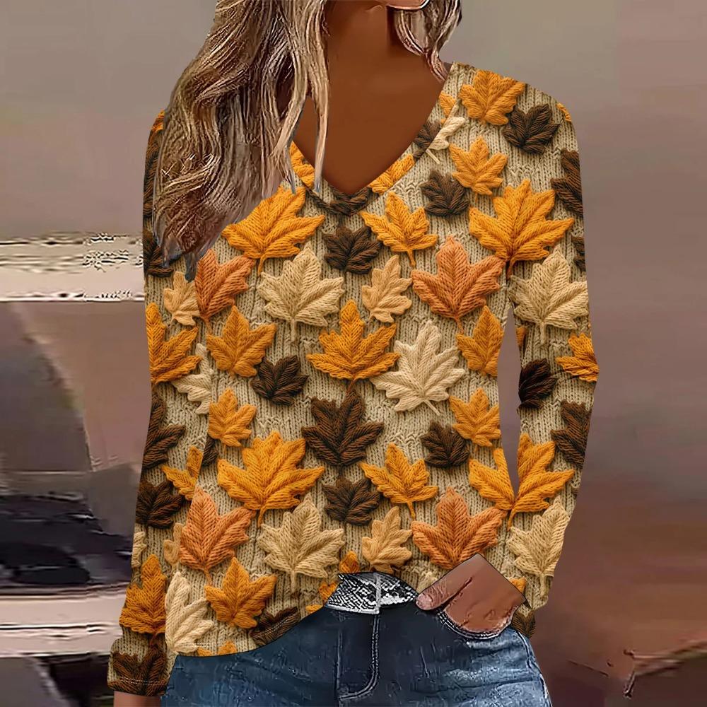 Women's autumn and winter fashion digital printed casual long sleeved T-shirt