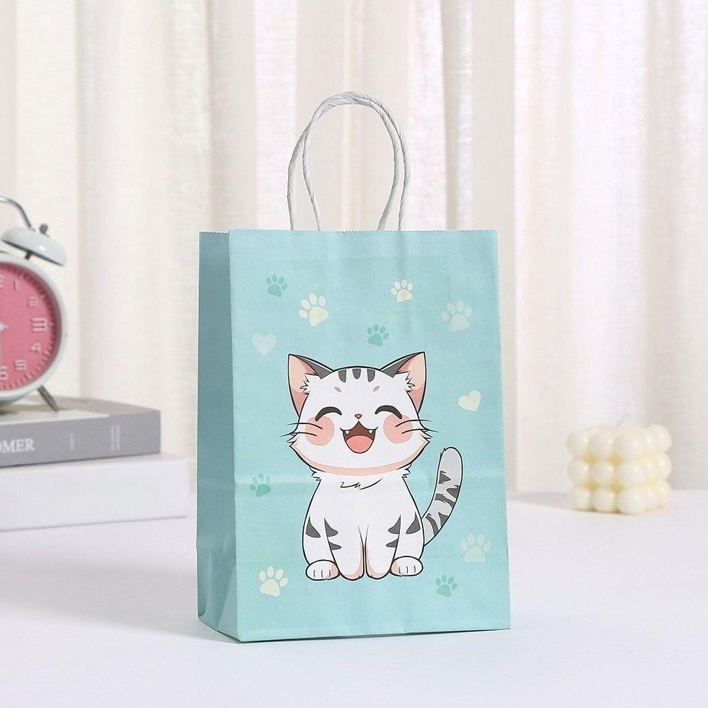 12pcs New Cute Cat Pattern Party Favor Bags 21x15cm Thickened Kitten Goodie Bag with Handle Candy Gifts Bag for Baby Shower