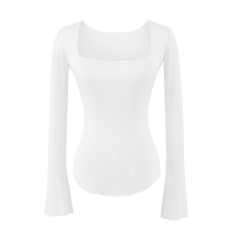 Koreanischer Stil Schlank geschnittenes Quadratischer Ausschnitt Glockenärmel Damen T-Shirt, Elegant Nische, Tailliert, Sexy Schlankmachendes Basisschicht Top