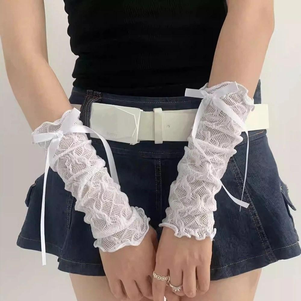 Breathable Ruffle Mesh Fishnet Socks Floral Bowknot JK Lolita Lace Calf Socks Mid-leg Summer Arm Sleeves Women Wear