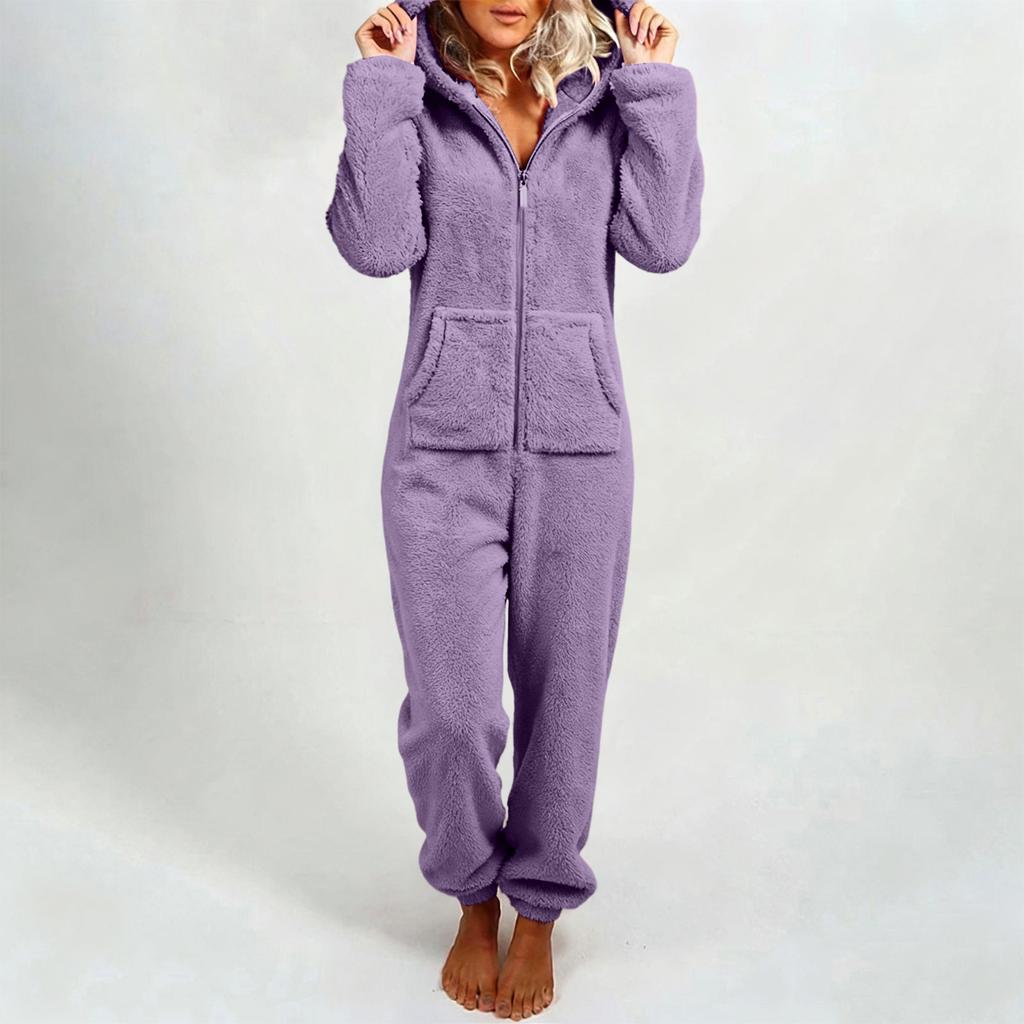 Women's Fashion Fleece-Lined Thickened Fleece Hooded Pyjamas With Zip-Up Onesie