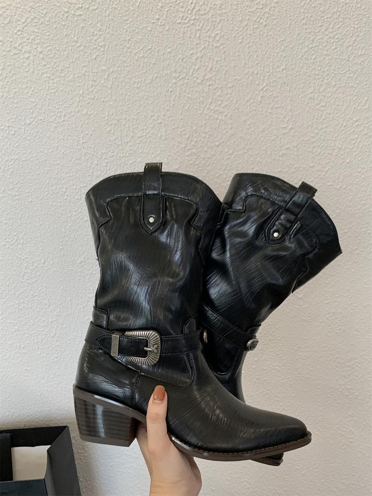 Retro belt buckle medium tube knight boots women's 2025 autumn and winter new square head thick heel thin western cowboy boots